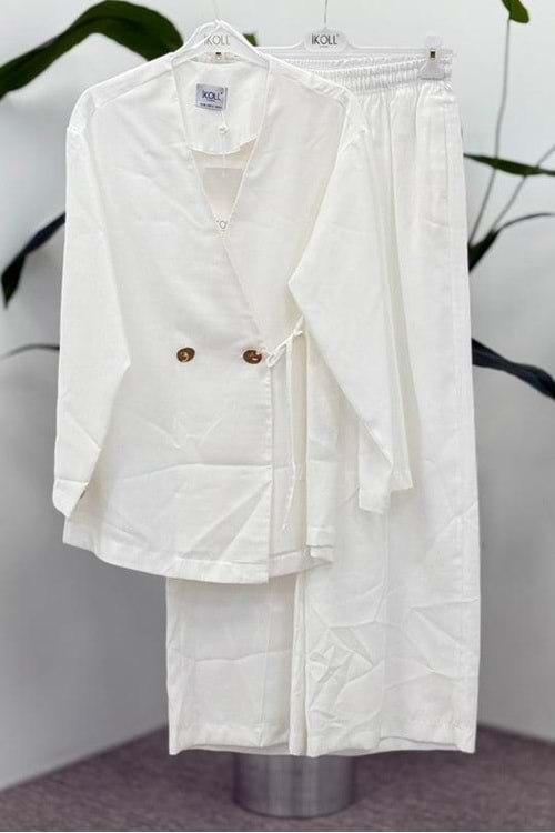 Kruvaze Pantolonlu Takım 35497 - Beyaz - M