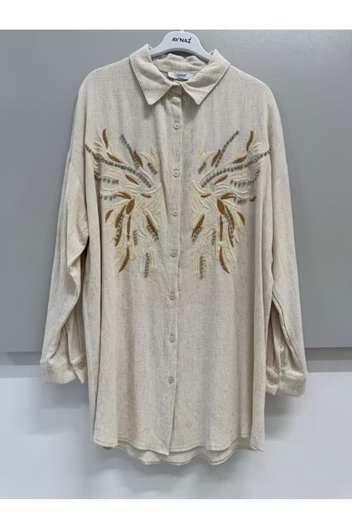 Keten Taşlı Gömlek Oversize 170202 - Bej - TEK BEDEN - AZRA06284-52052