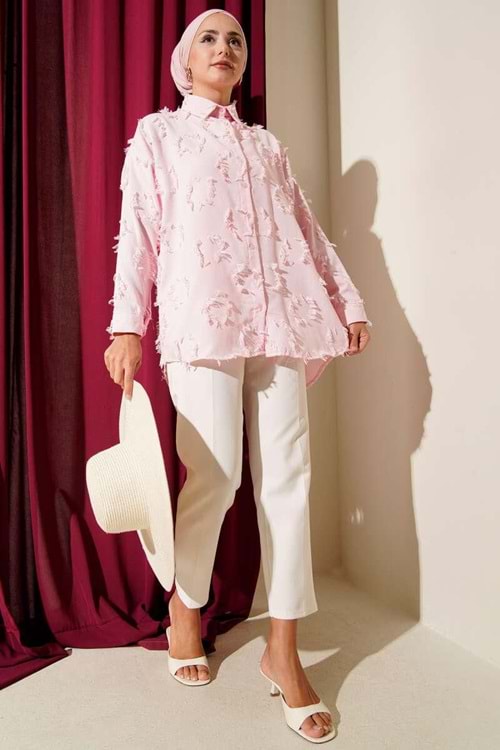 Saçaklı Oversize Gömlek 807 - Pembe - L-XL - AZRA06415-53039