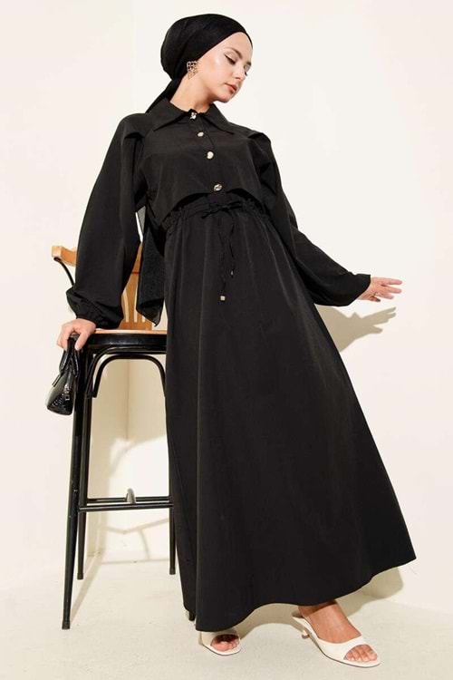 Poplin Trenç Smetrik Düğmeli Elbise 2403 - Siyah - S-M - AZRA06417-53056
