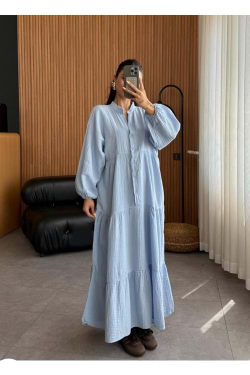 Müslin Kumaş Elbise 8627 - Mavi - L-XL