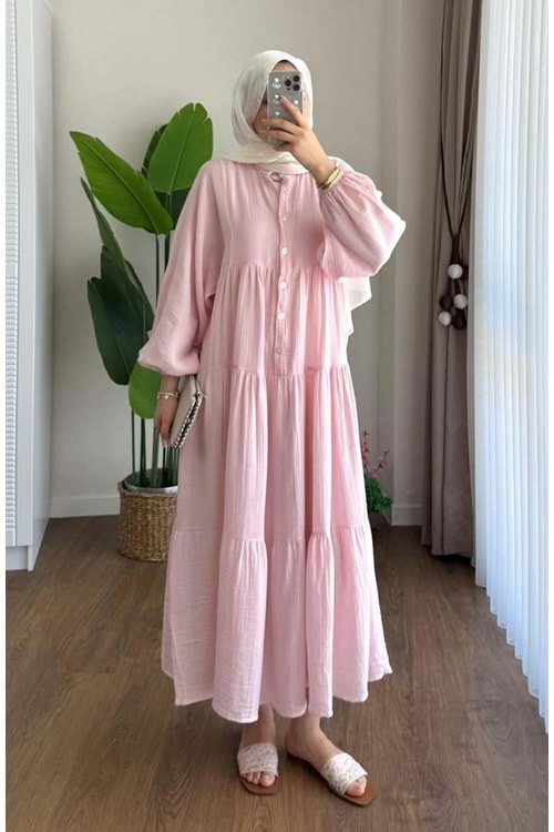 Müslin Kumaş Elbise 8627 - Pembe - L-XL