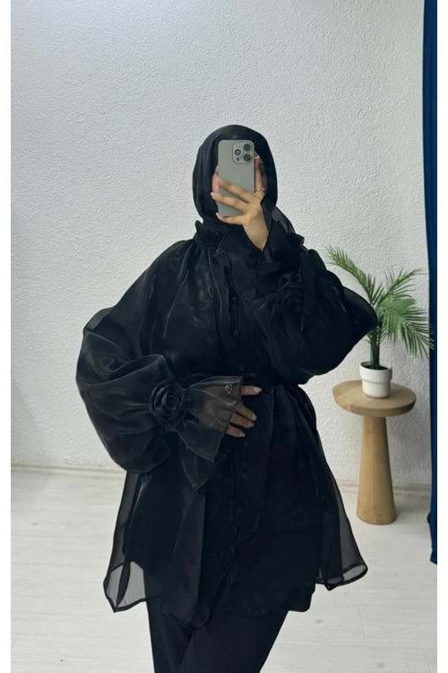 Organze Gül Detaylı Bluz 8971 - Siyah - TEK BEDEN