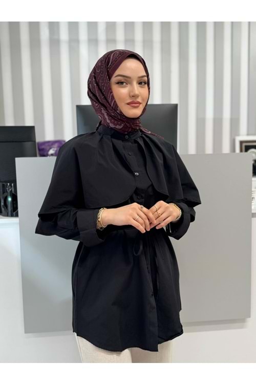 Poplin Pelerinli Bağçıklı Gömlek 782 - azra fashion - Siyah - S-M