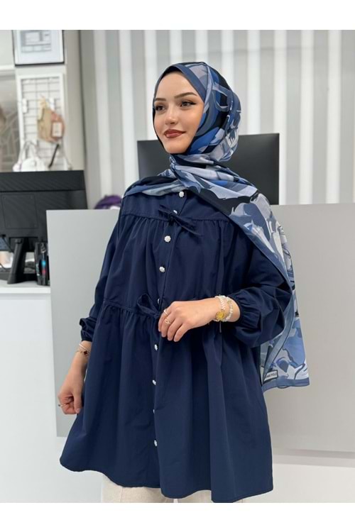 Poplin Biyeli Elmas Düğmeli Gömlek 799 - azra fashion - Lacivert - L-XL