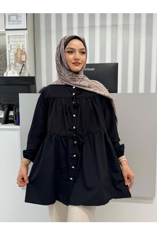 Poplin Biyeli Elmas Düğmeli Gömlek 799 - azra fashion - Siyah - S-M