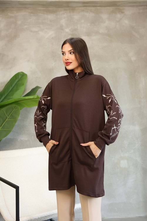 Kolları Nakışlı Hırka 26130 - Acı Kahve - S