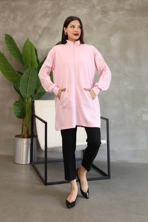 Kolları Nakışlı Hırka 26130 - Pembe - M