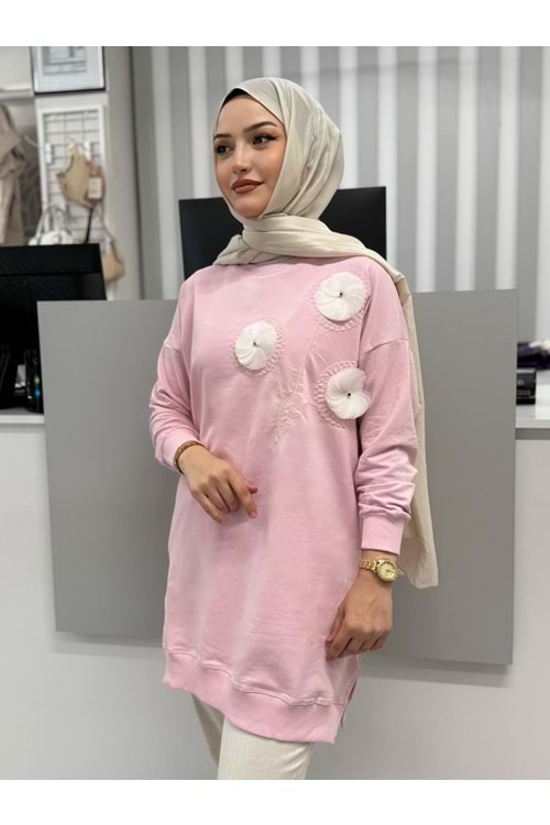 Nakışlı Çiçekli Tunik 26123 - Pembe - L-XL