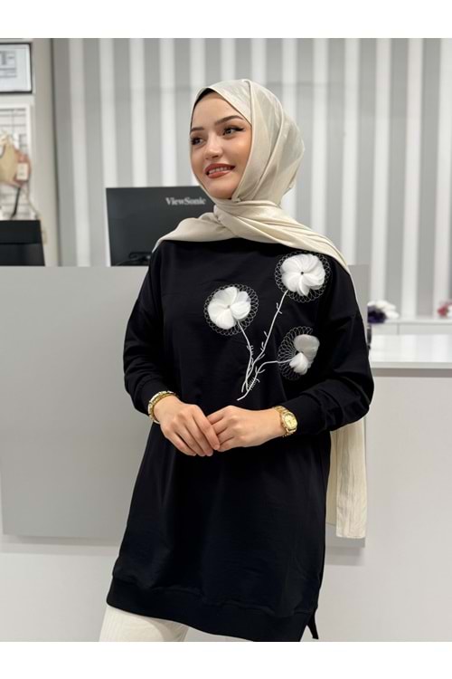 Nakışlı Çiçekli Tunik 26123 - Siyah - S-M