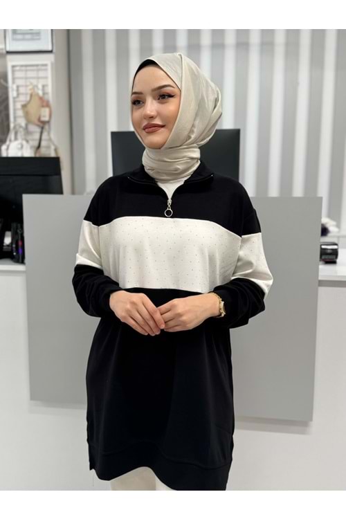 Yaka Fermuarlı Taşlı Tunik 26127 - Siyah - M