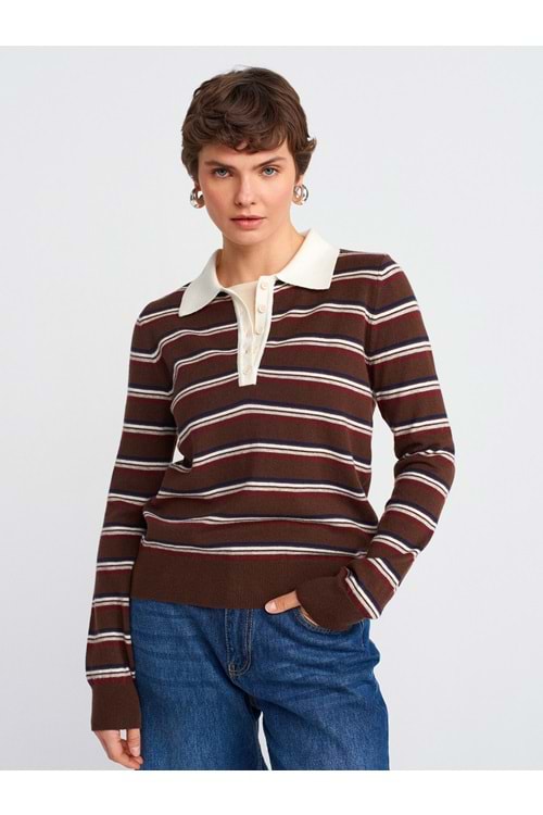 Polo Yaka Çizgili Düğmeli Yumuşak Triko Kazak 10712 - Kahve Rengi - TEK BEDEN