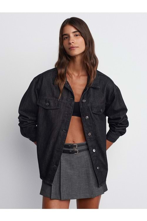 Rins Yıkama Owersize Gömlek 50738 - Siyah - TEK BEDEN