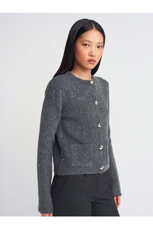 Bisiklet Yaka Pullu Simli Düğmeli Triko Hırka 60935 - Füme - TEK BEDEN