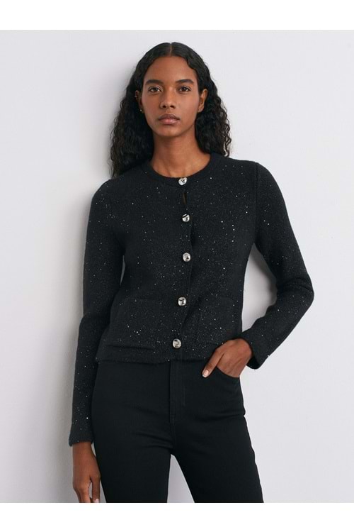 Bisiklet Yaka Pullu Simli Düğmeli Triko Hırka 60935 - Siyah - TEK BEDEN