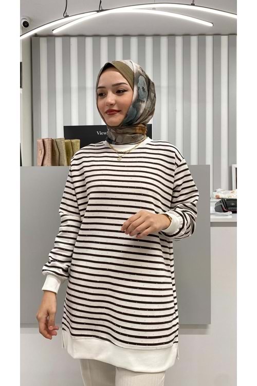 Taşlı Çizgili Tunik 26162 - Kahve Rengi - L
