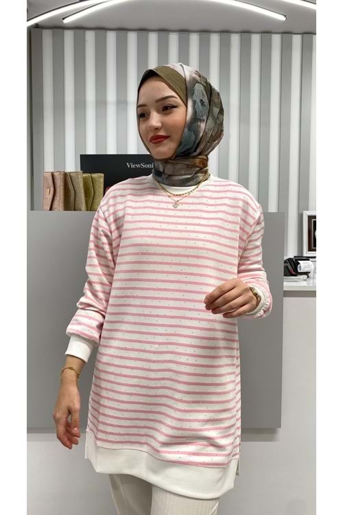 Taşlı Çizgili Tunik 26162 - Pembe - M