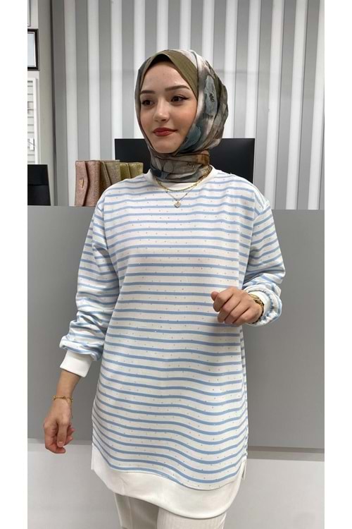 Taşlı Çizgili Tunik 26162 - Mavi - XL
