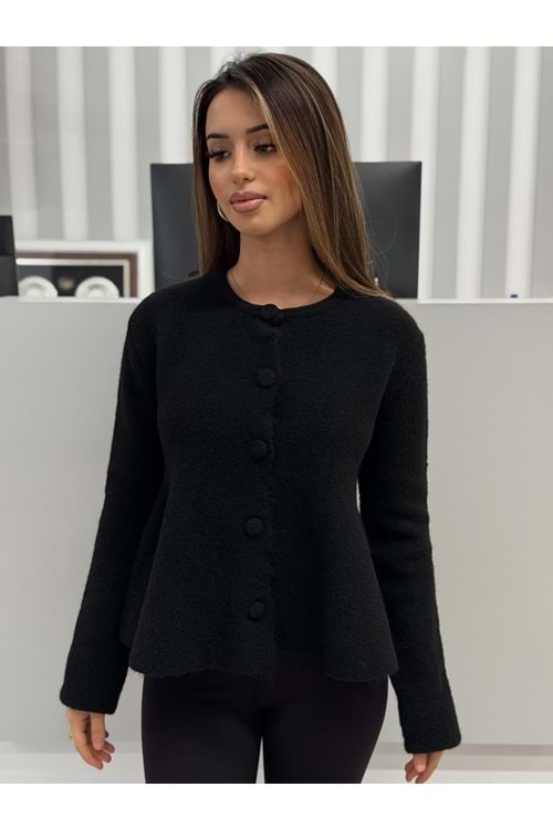 Yumuşak Dokulu Peplum Düğmeli Triko Hırka 60985 - Siyah - TEK BEDEN