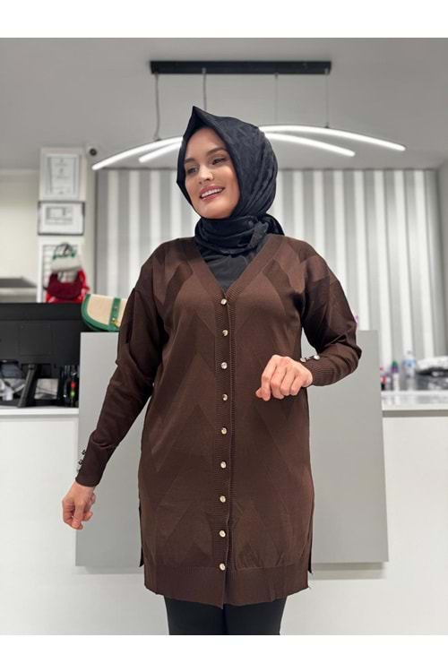 Zikzak Desenli Merserize Hırka 1420 - Acı Kahve - TEK BEDEN