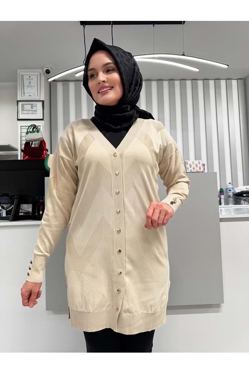 Zikzak Desenli Merserize Hırka 1420 - Bej - TEK BEDEN