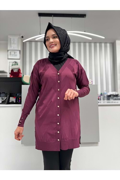Zikzak Desenli Merserize Hırka 1420 - Mürdüm - TEK BEDEN
