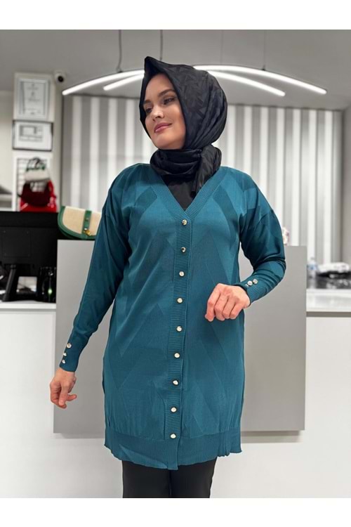 Zikzak Desenli Merserize Hırka 1420 - Petrol Mavi - TEK BEDEN