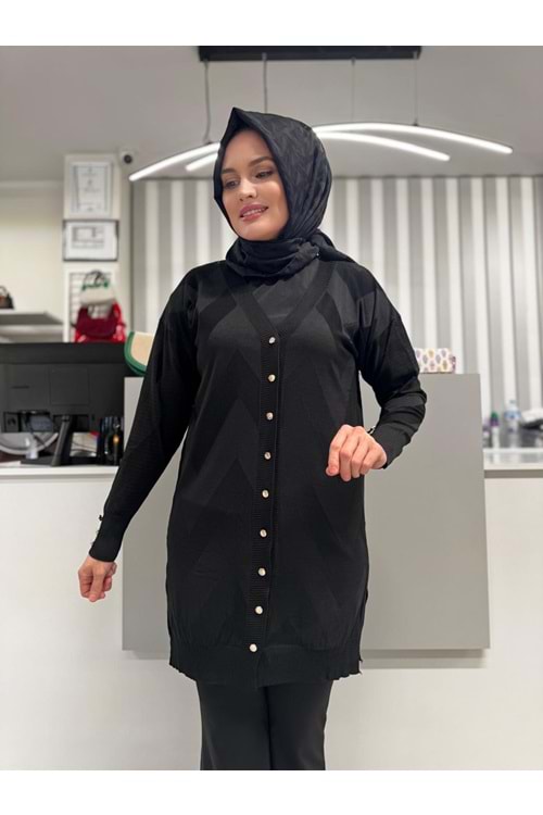 Zikzak Desenli Merserize Hırka 1420 - Siyah - TEK BEDEN