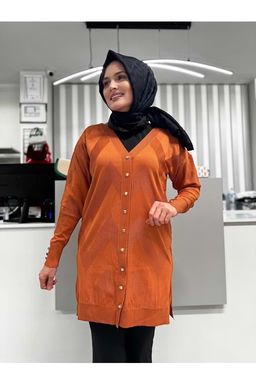 Zikzak Desenli Merserize Hırka 1420 - Turuncu - TEK BEDEN