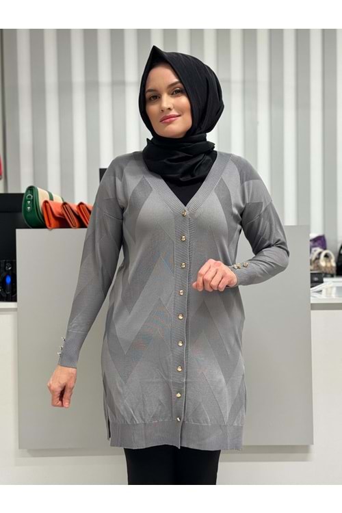 Zikzak Desenli Merserize Hırka 1420 - Gri - TEK BEDEN