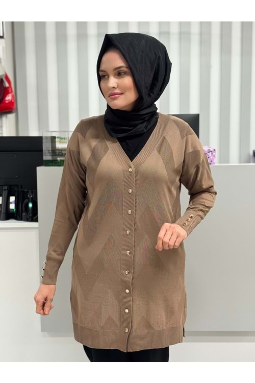 Zikzak Desenli Merserize Hırka 1420 - Sütlü Kahve - TEK BEDEN - AZRA06900-56087