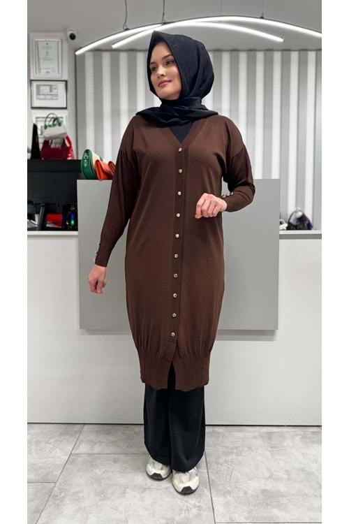 Uzun Düz Merserize Hırka 3250 - Acı Kahve - TEK BEDEN