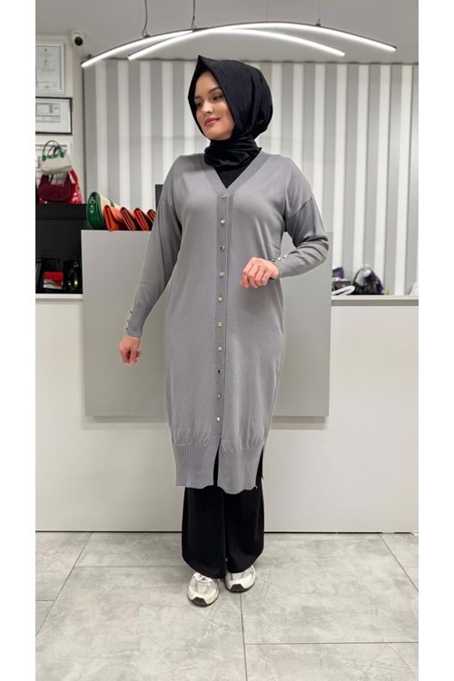 Uzun Düz Merserize Hırka 3250 - Gri - TEK BEDEN