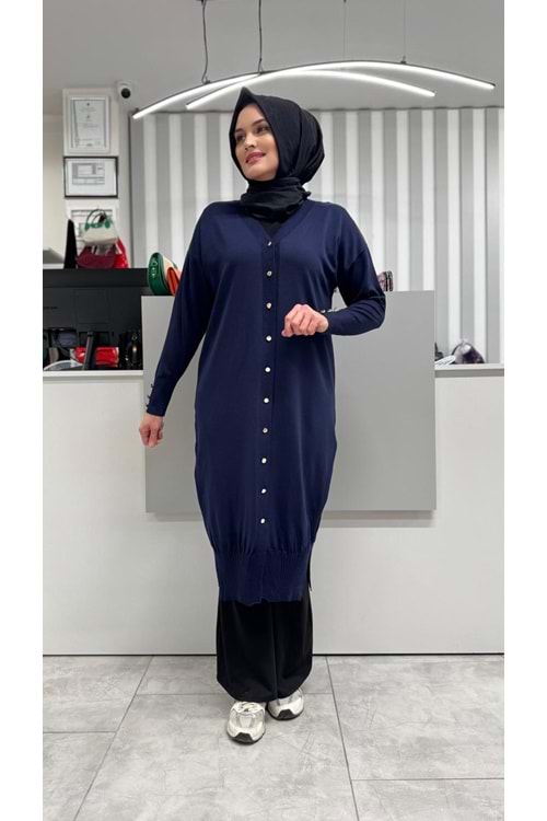 Uzun Düz Merserize Hırka 3250 - Lacivert - TEK BEDEN