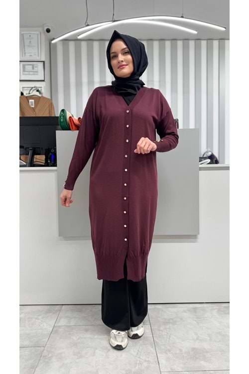 Uzun Düz Merserize Hırka 3250 - Mürdüm - TEK BEDEN