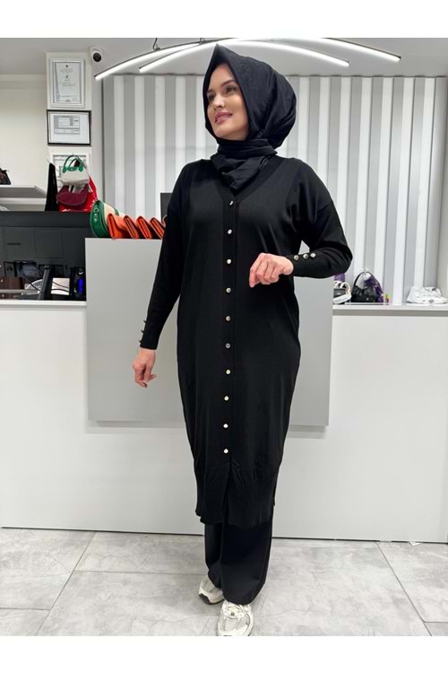 Uzun Düz Merserize Hırka 3250 - Siyah - TEK BEDEN