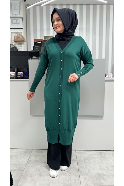 Uzun Düz Merserize Hırka 3250 - Zümrüt Yeşili - TEK BEDEN