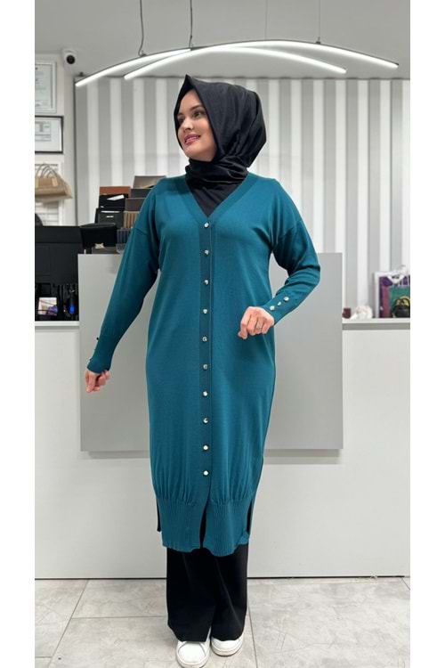 Uzun Düz Merserize Hırka 3250 - Petrol Mavi - TEK BEDEN - AZRA06904-58210