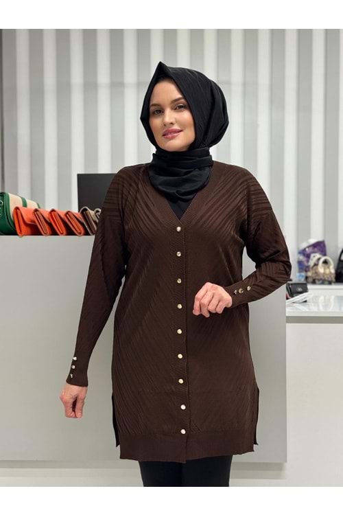 Çapraz Desenli Merserize Hırka 3198 - Acı Kahve - TEK BEDEN