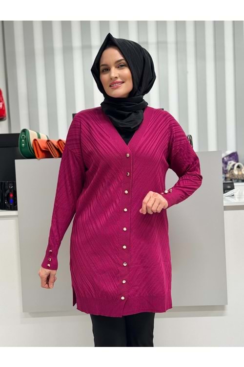 Çapraz Desenli Merserize Hırka 3198 - Fuşya - TEK BEDEN