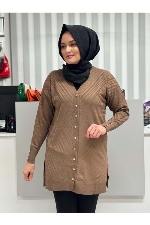 Çapraz Desenli Merserize Hırka 3198 - Kahve Rengi - TEK BEDEN