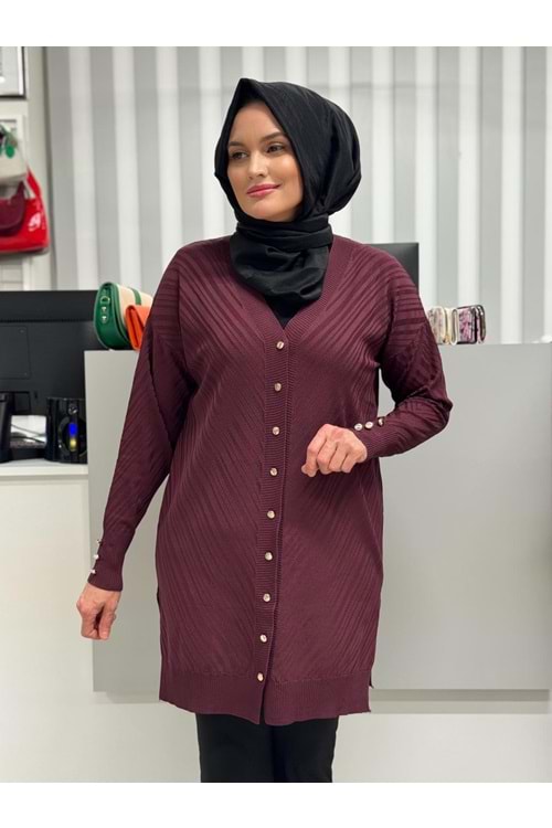 Çapraz Desenli Merserize Hırka 3198 - Mürdüm - TEK BEDEN