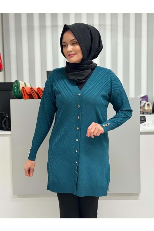 Çapraz Desenli Merserize Hırka 3198 - Petrol Mavi - TEK BEDEN