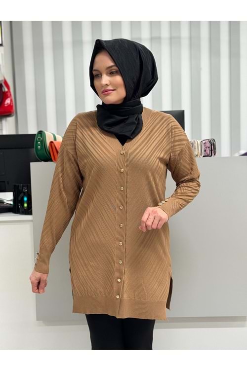 Çapraz Desenli Merserize Hırka 3198 - Sütlü Kahve - TEK BEDEN