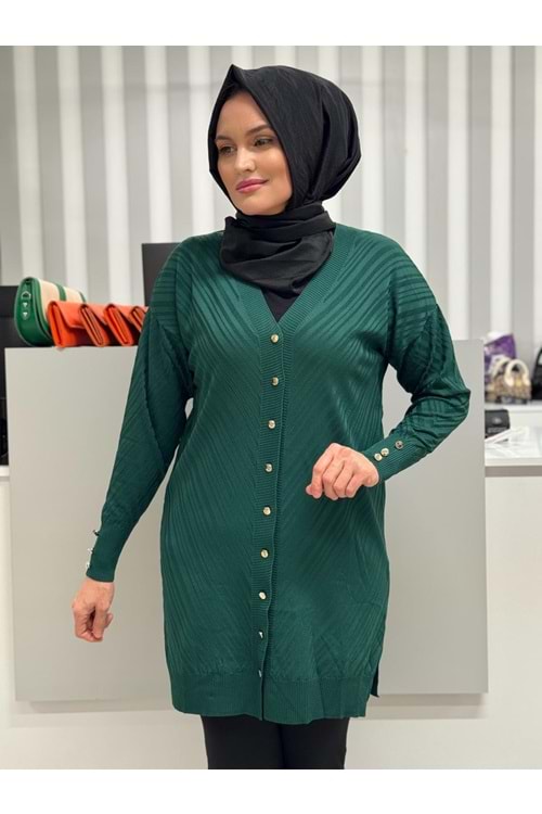Çapraz Desenli Merserize Hırka 3198 - Zümrüt Yeşili - TEK BEDEN