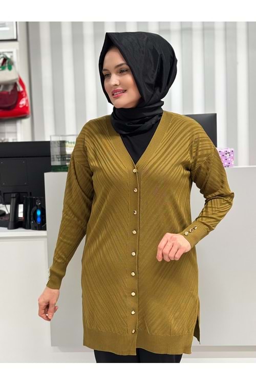 Çapraz Desenli Merserize Hırka 3198 - Yağ Yeşili - TEK BEDEN - AZRA06905-56085