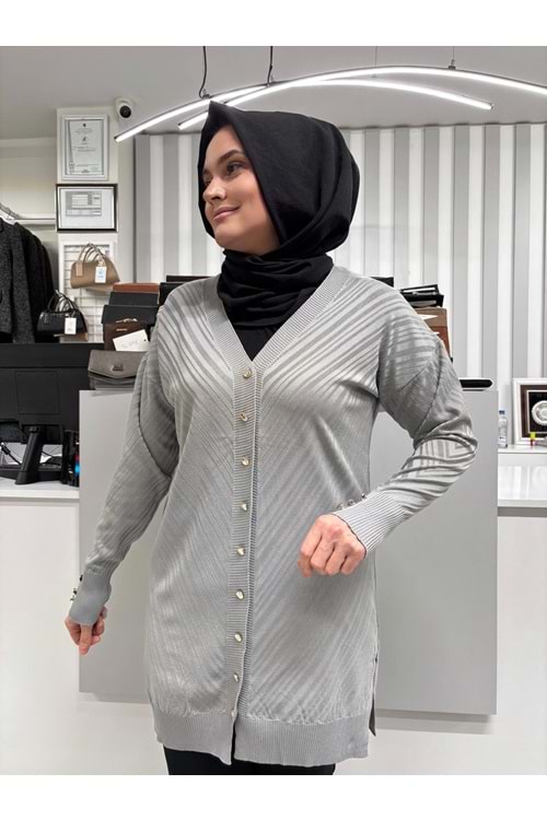 Çapraz Desenli Merserize Hırka 3198 - Gri - TEK BEDEN - AZRA06905-58120