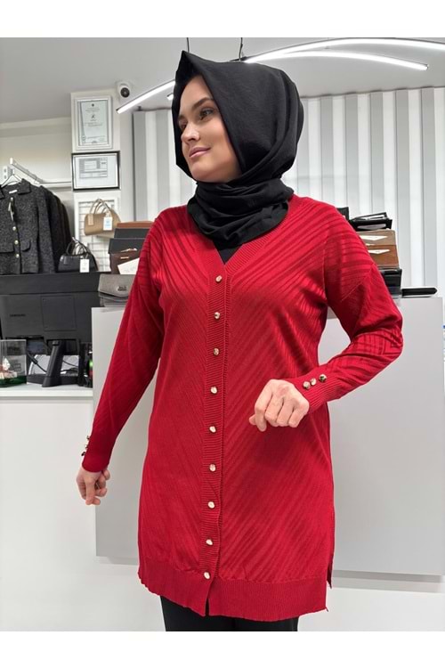 Çapraz Desenli Merserize Hırka 3198 - Kırmızı - TEK BEDEN - AZRA06905-58121