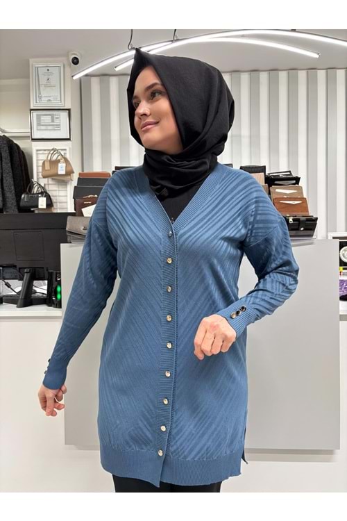 Çapraz Desenli Merserize Hırka 3198 - Mavi - TEK BEDEN - AZRA06905-58122