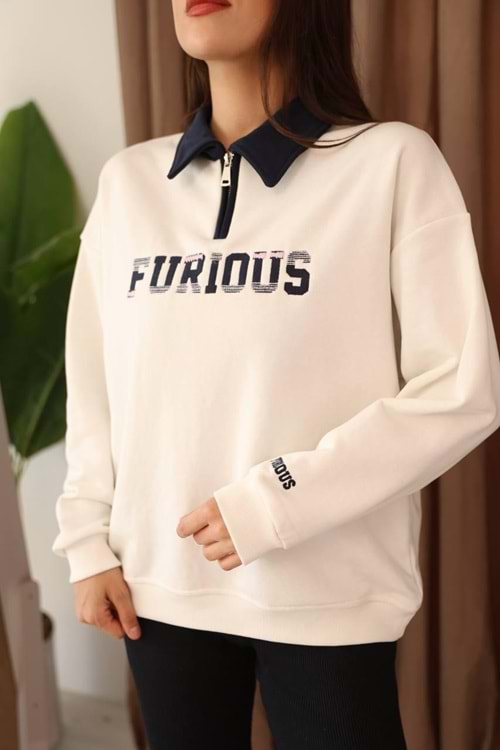 Fermuar Detaylı Önü Nakışlı Sweat 26199 - Beyaz - L-XL